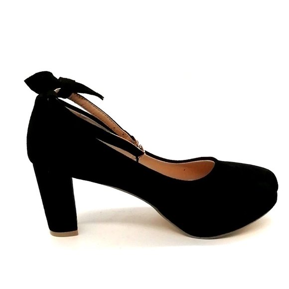Womens Heels Black Faux Suede Mary Jane Round Toe Block Heel Bow EUR 43 NEW‎ - Picture 2 of 10